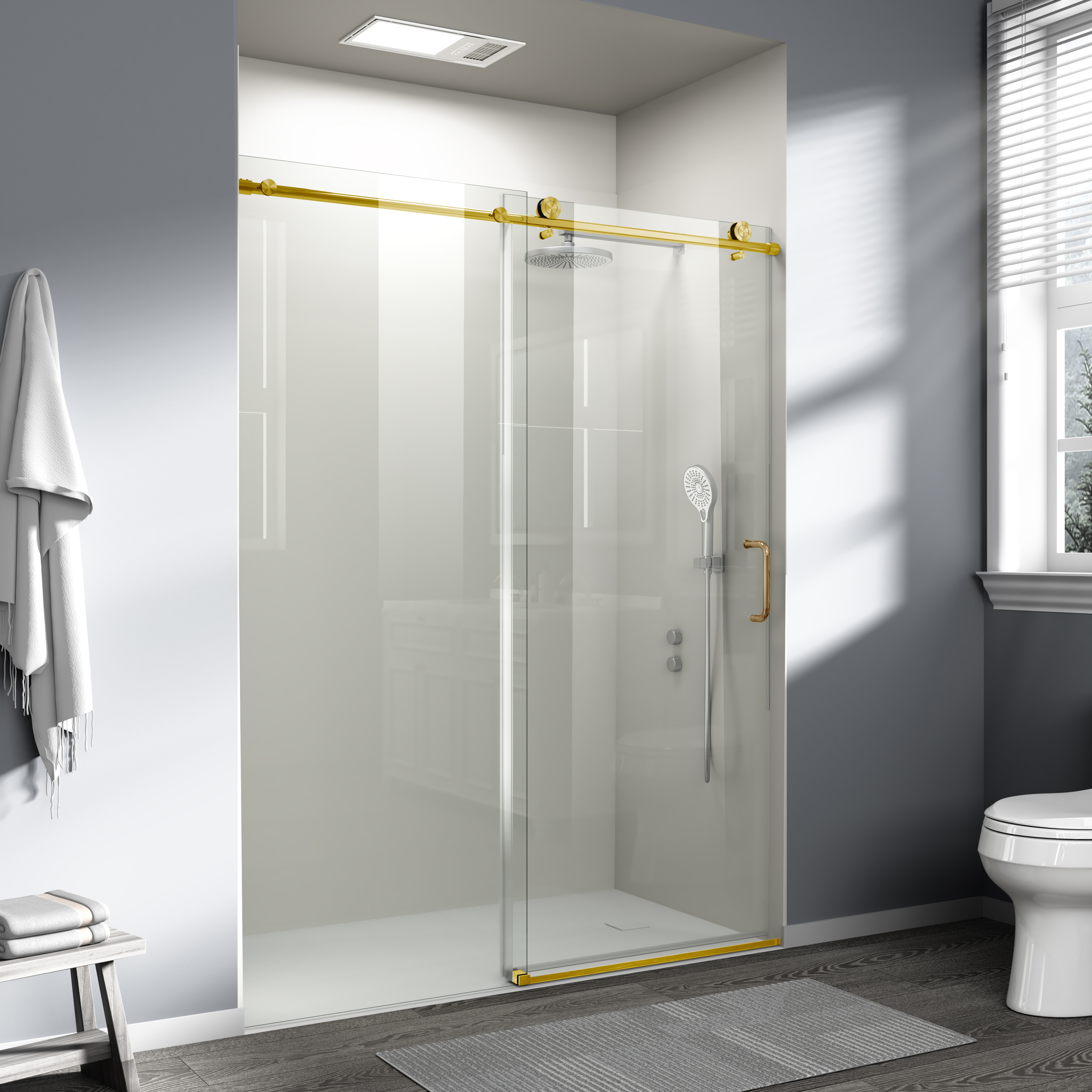 Frameless Sliding Shower Door Brushed Gold Single Panel Walk-in_voghion.com